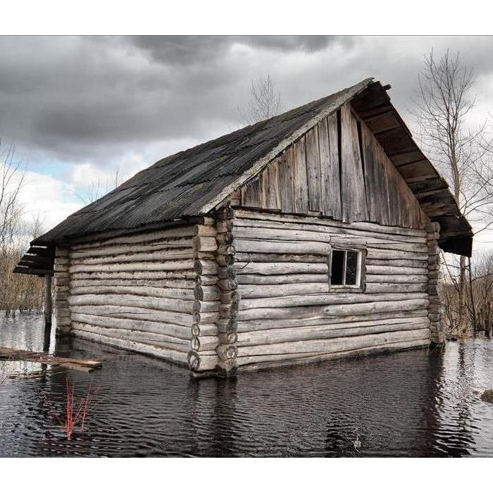 log cabin surrounded by water